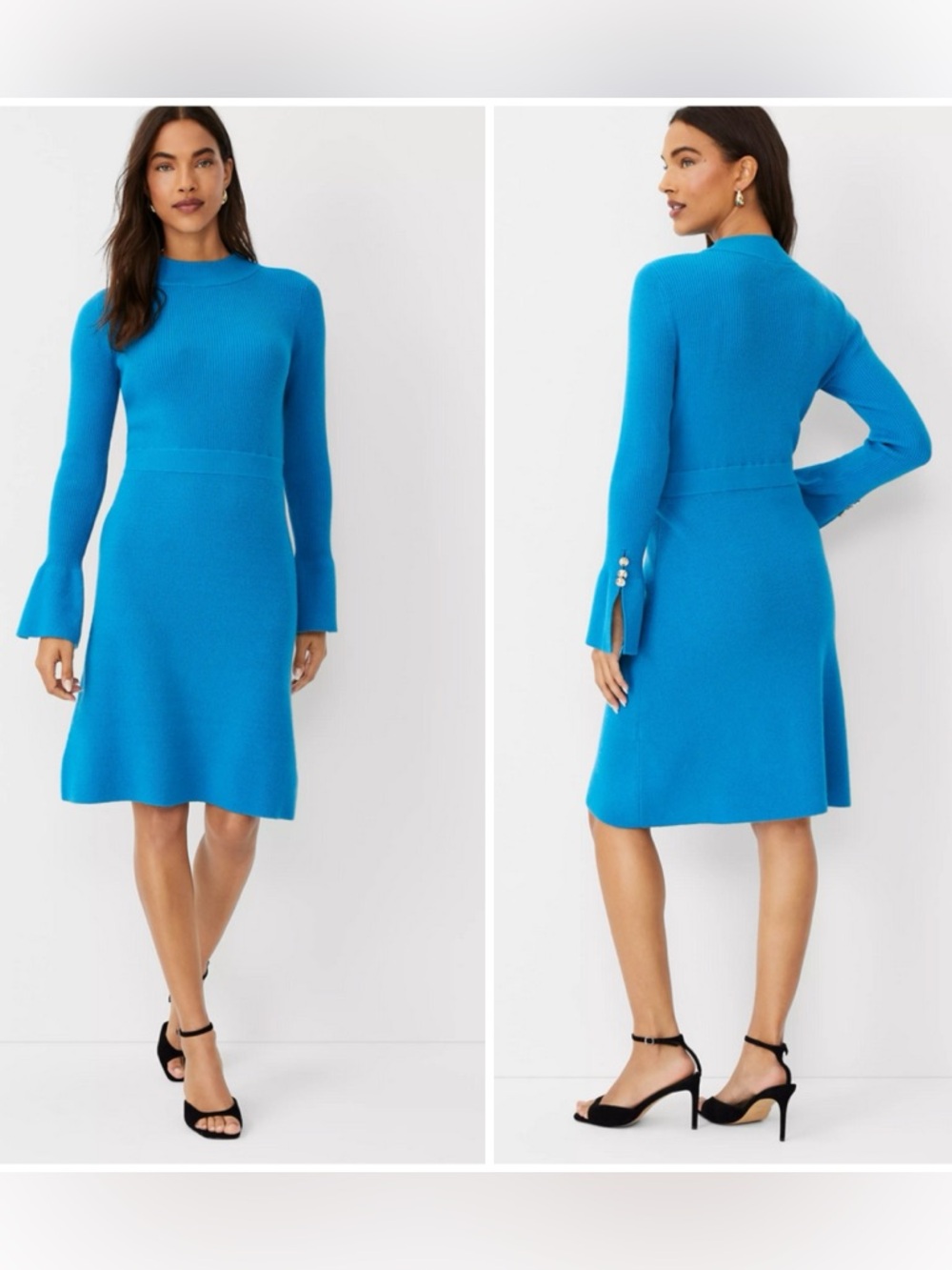 NWT Ann Taylor AZURITE RIBBED BUTTON CUFF Sweater Dress